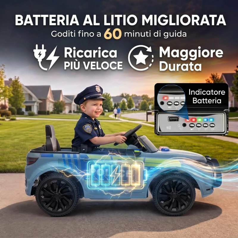AIYAPLAY Auto Elettrica Polizia 12V con Telecomando, 2 Motori, Luci, Sirena, Musica e Clacson,  3-6 Anni, Grigio