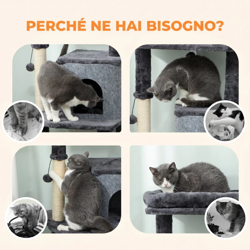 PawHut Albero per Gatti Multilivello Alto 132 cm con Casetta, Lettino, Pali Tiragraffi, Spazzola e Pallina, Grigio Scuro