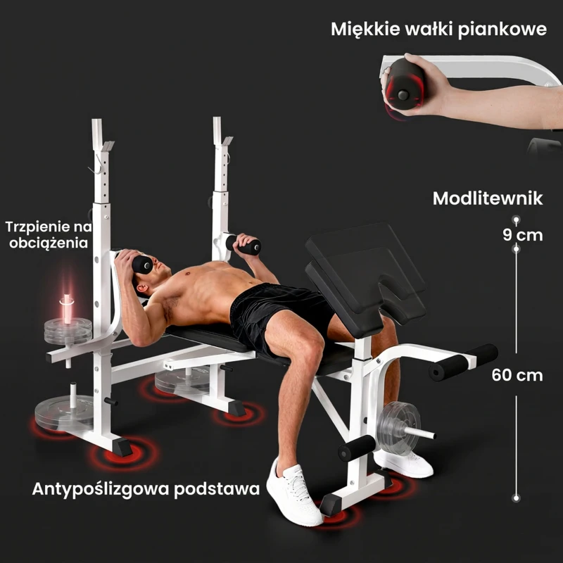 Regulowana ławka treningowa HOMCOM, wielofunkcyjna ławka treningowa ze stojakiem na obciążenia, prasa do klatki piersiowej, prasa do nóg, podłokietnik do treningu siłowego, stal, czarny+biały