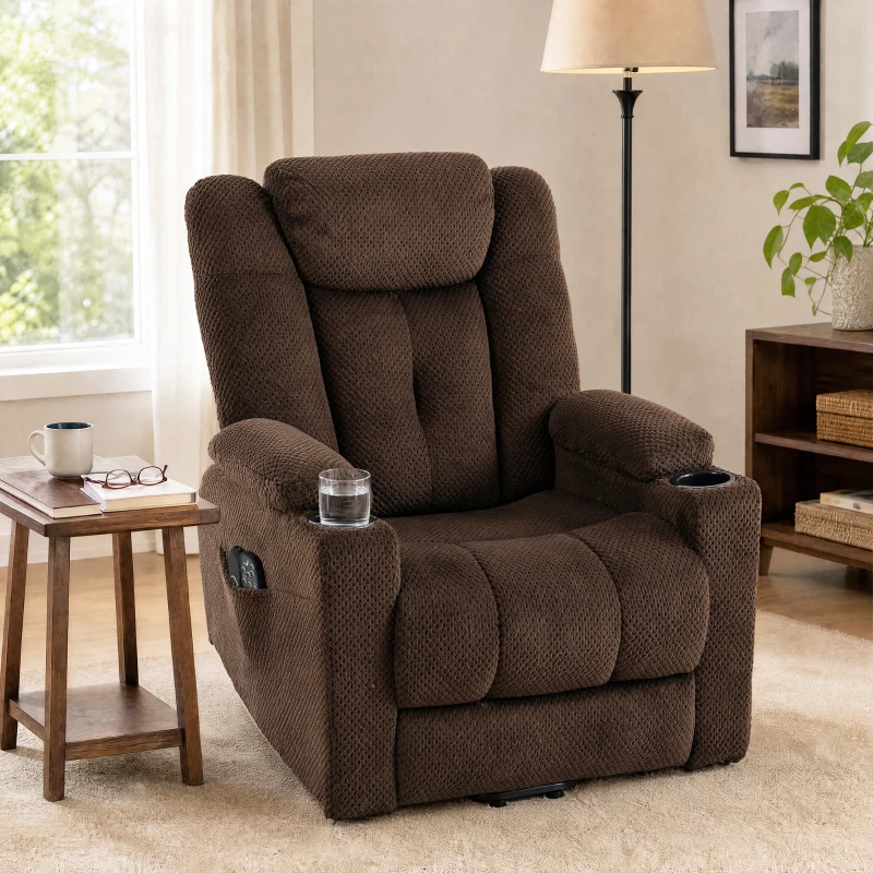 HOMCOM Cadeirão Relax Reclinável Elétrico Elevatório para Idosos com Massagem, Calor e Porta-copos Castanho Escuro