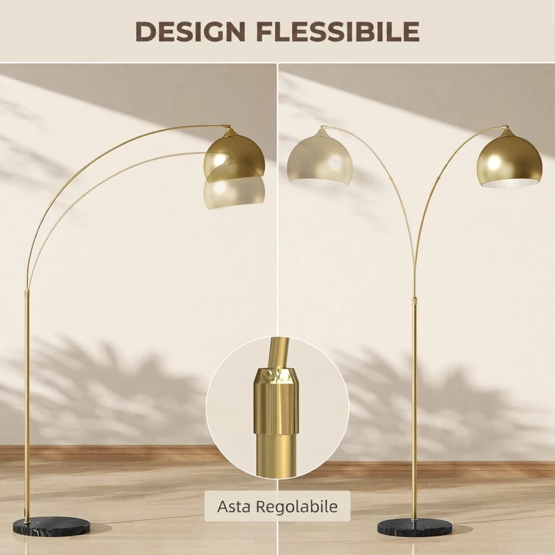 HOMCOM Lampada da Terra ad Arco Moderna 40W E27, Asta Regolabile in Altezza, Paralume in Metallo, Oro