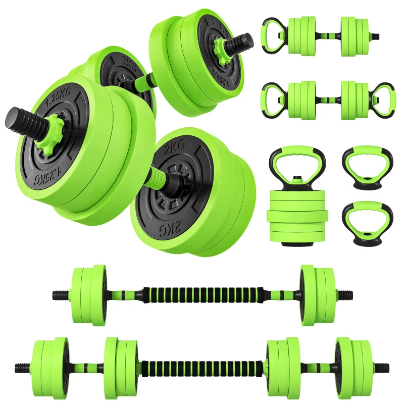 SPORTNOW Zestaw Hantli 4w1 20 kg - regulowana krótka sztanga & sztanga Kettlebell z uchwytami do pompek Zielony
