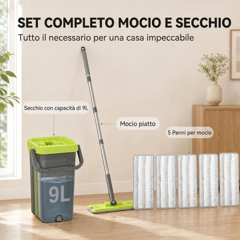 HOMCOM Set Mocio Lavapavimenti e Secchio a 2 Scomparti con Strizzatore, 5 Panni Ricambio in Microfibra, Grigio Scuro