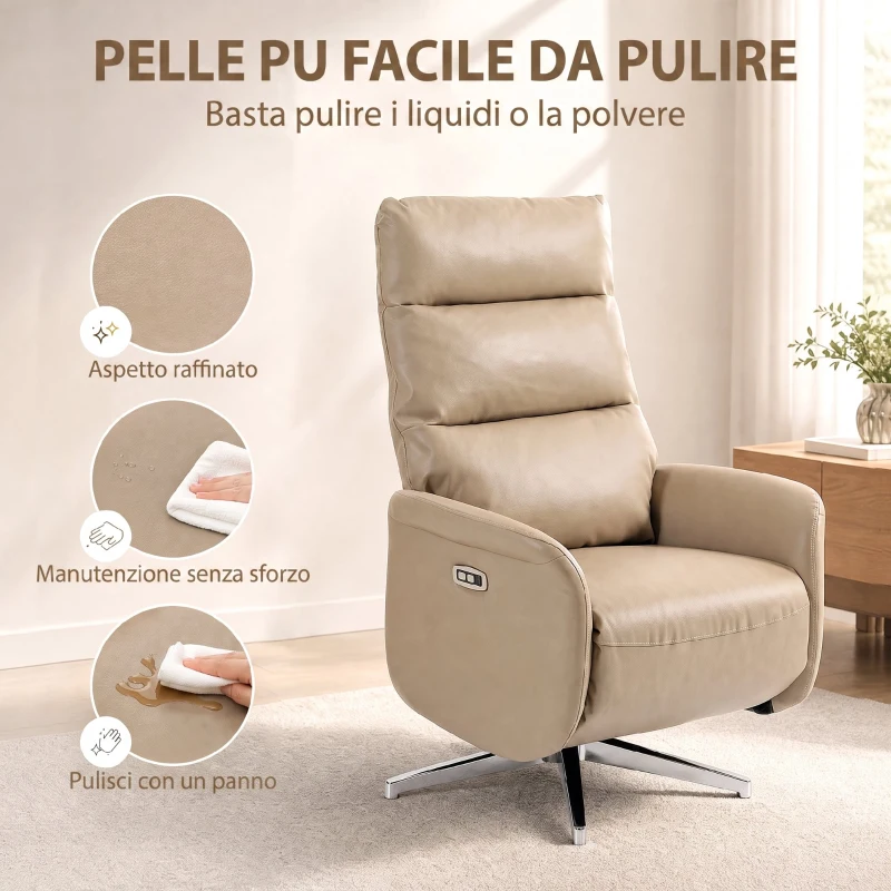 HOMCOM Poltrona Relax Elettrica Reclinabile 160° Girevole con Poggiapiedi, Presa USB e Type-C, in Pelle PU, Marrone
