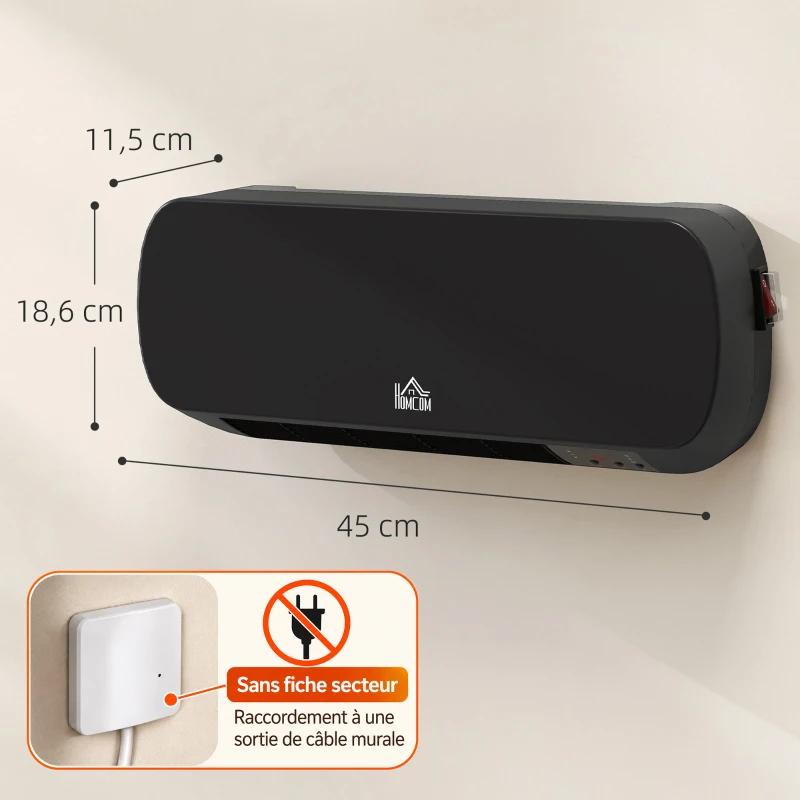 HOMCOM Radiateur Mural Soufflant 2000 W, Chauffage Céramique PTC, 3 Niveaux de Puissance, Télécommande, 45x18,6x11,5cm, Noir