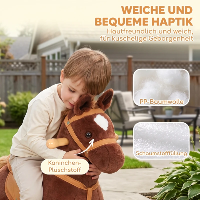 AIYAPLAY Schaukelpferd, Plüsch-Reitpferd mit Huf- und Wiehergeräuschen, Rollen/Pedale, 3–8 Jahre, bis 50 kg, Dunkelbraun