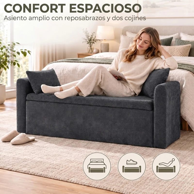HOMCOM Banco de Almacenaje de Chenilla con Reposabrazos y Cojines Tapa Hidráulica Carga 220 kg 137x45x51 cm, Gris Oscuro