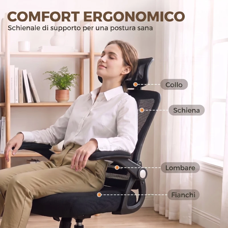 HOMCOM Sedia Ufficio Ergonomica con Braccioli Ribaltabili, Poggiatesta e Altezza Regolabili, in Rete Traspirante, Nero