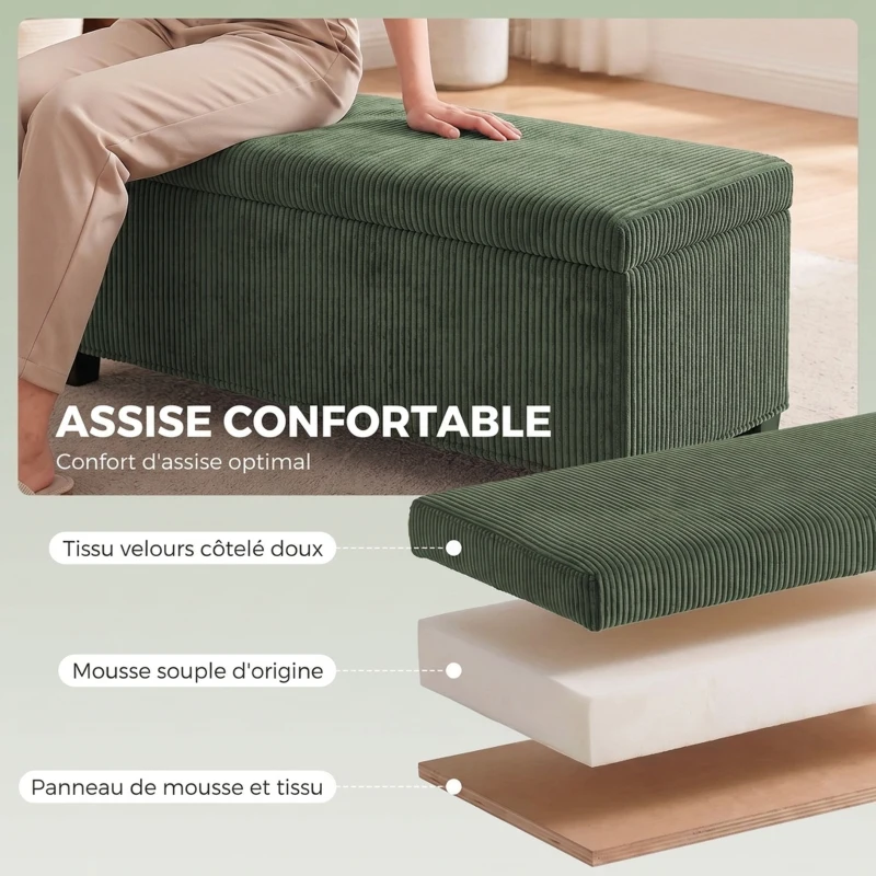 HOMCOM Banc de Rangement, Bout de Lit en Velours Côtelé avec Couvercle, pour Salon, Chambre, Entrée, 112x42x40 cm, Vert Clair