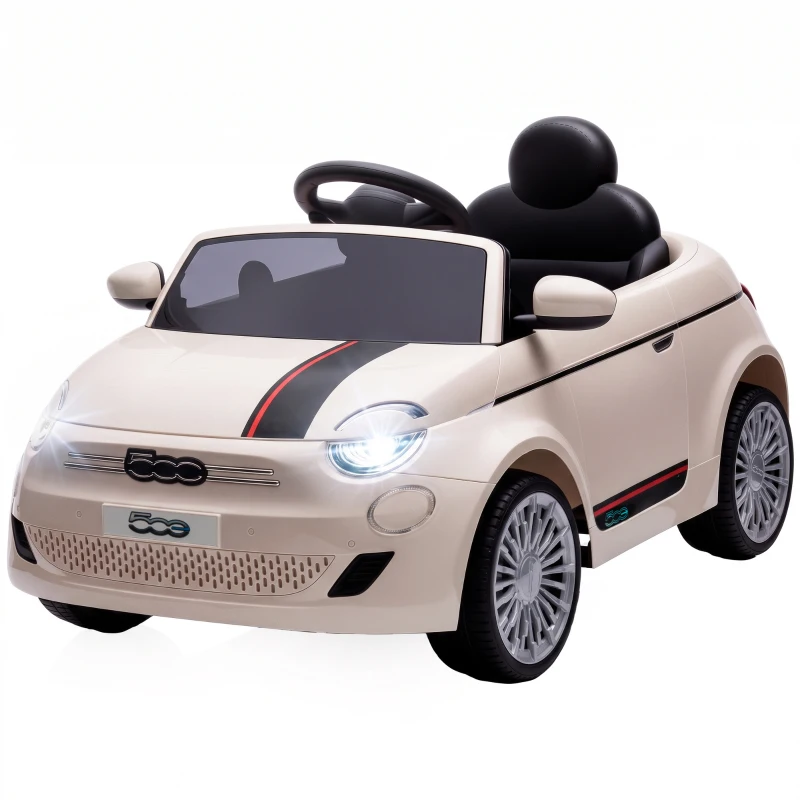 AIYAPLAY Macchina Elettrica per Bambini 12V Fiat 500, Batteria al Litio, 2 Motori, Telecomando, 3-6 Anni, Crema
