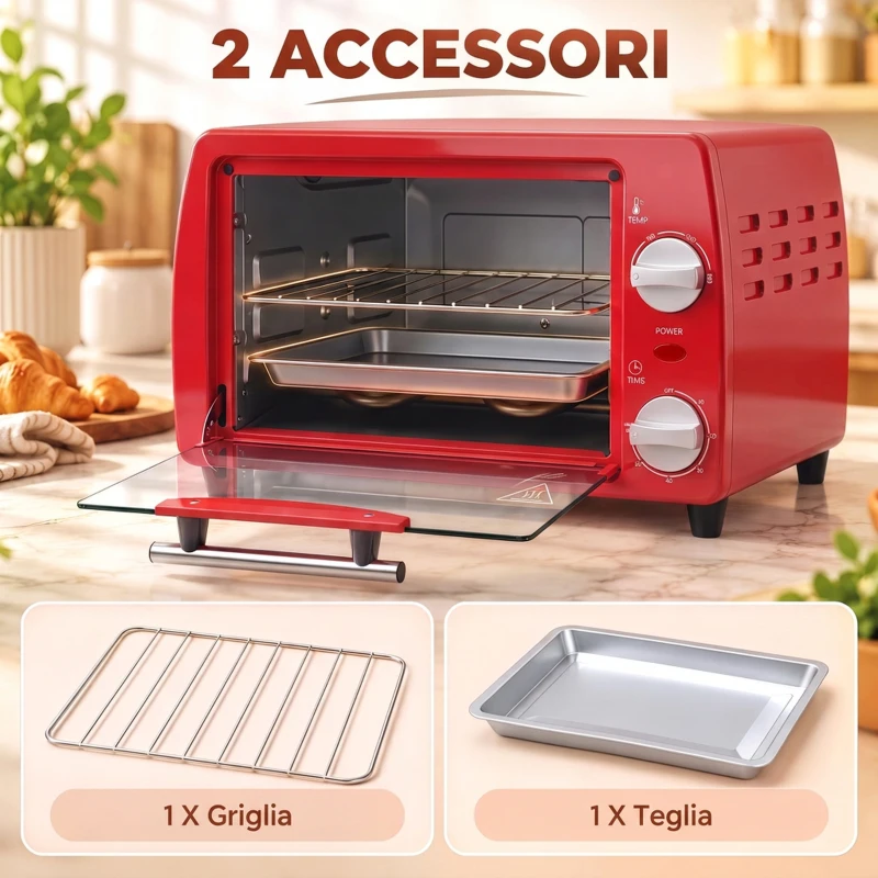 HOMCOM Fornetto Elettrico da 10L Temperatura Regolabile e Timer, Griglia e Teglia Incluse, 36.5x26x22 cm, Rosso