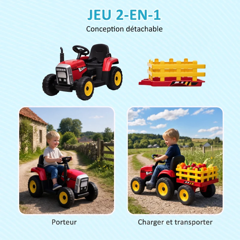 HOMCOM Tracteur électrique avec remorque amovible, pour enfants de 3 à 6 ans avec télécommande MP3 musique affichage lumières