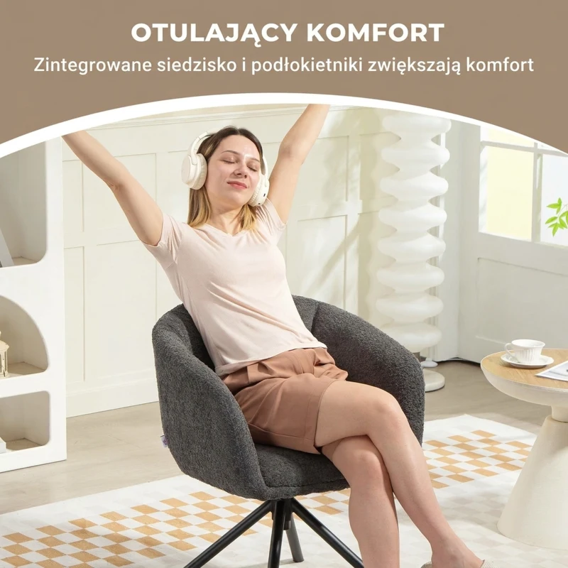 HOMCOM Fotel Lounge z Podłokietnikami, Wykończenie Lniane, Obrotowy, z Metalowymi Nogami, do Salonu, Kuchni, Sypialni, Ciemnoszary