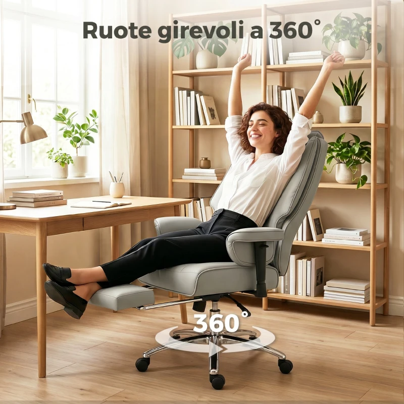 HOMCOM Sedia da Ufficio Ergonomica Reclinabile con Poggiapiedi, Schienale Alto, Altezza Regolabile, Grigio Chiaro