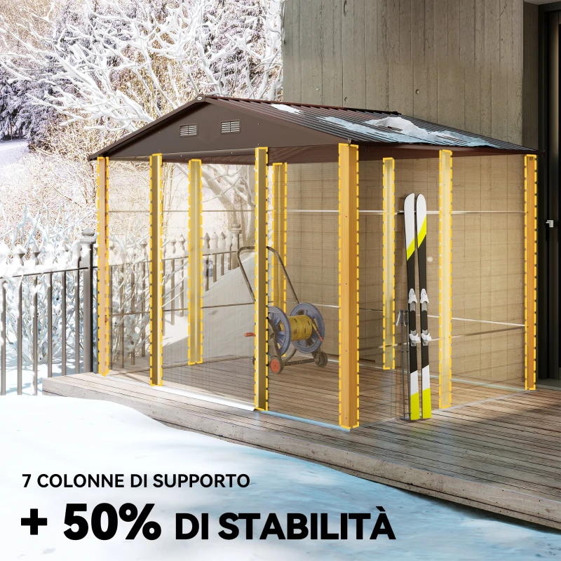 Outsunny Casetta da Giardino in Acciaio Effetto Legno e Doppie Porte Scorrevoli, 278x195x215 cm, Marrone