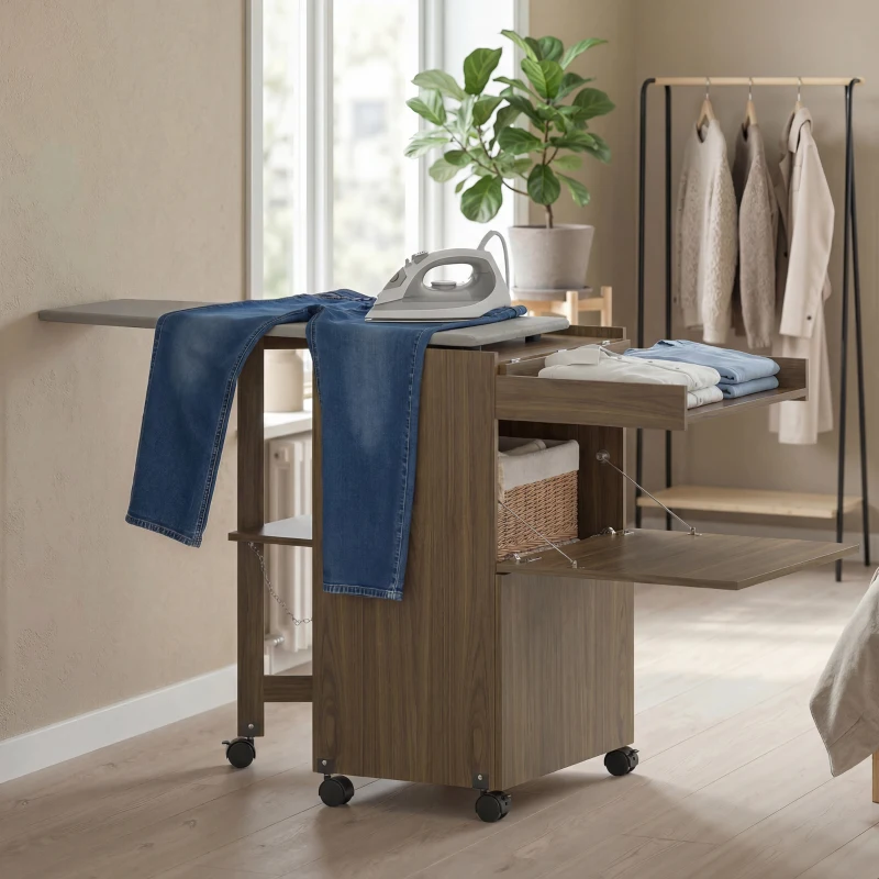 HOMCOM Armadio Asse da Stiro Pieghevole con Porta Ferro e Indumenti con Vano Aperto,154x55x87 cm, Marrone