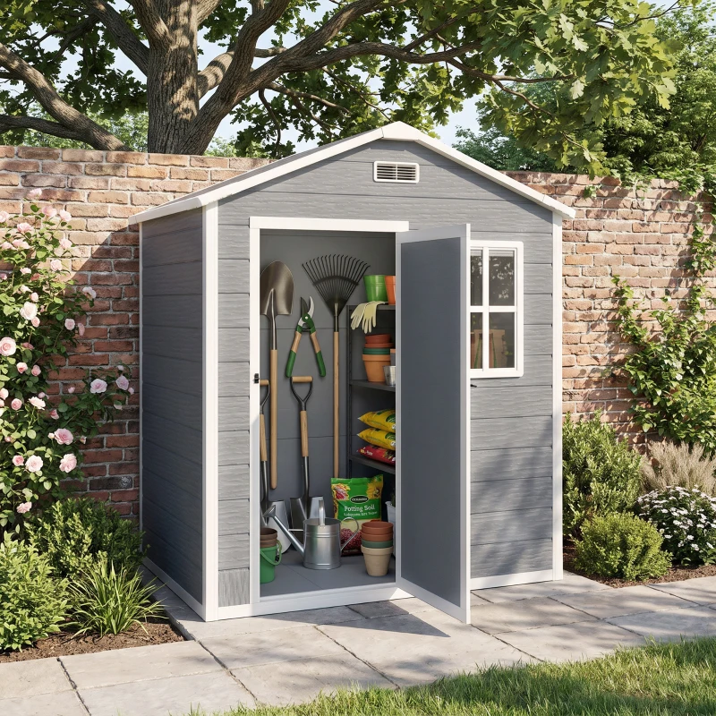 Outsunny Capanno da Giardino, Capanno in Plastica con Pavimento, Finestra, Porta con Serratura e Prese d'Aria, Grigio