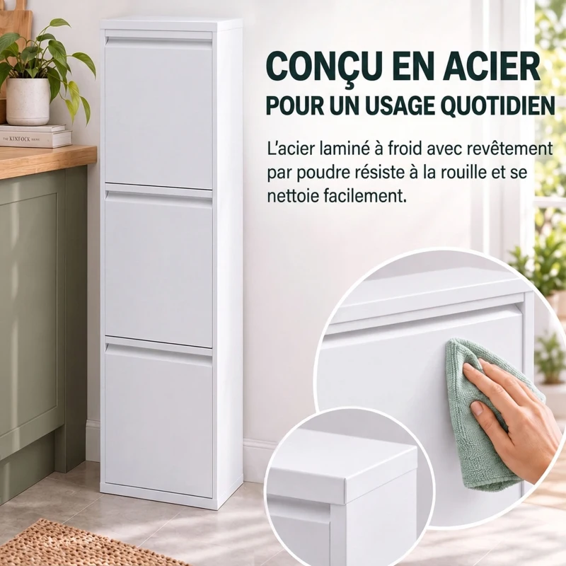 HOMCOM Meuble Poubelle de Tri Sélectif, Poubelle de Recyclage 45 L (3 x 15 L), 3 Compartiments, Portes à Fermeture Douce, Blanc