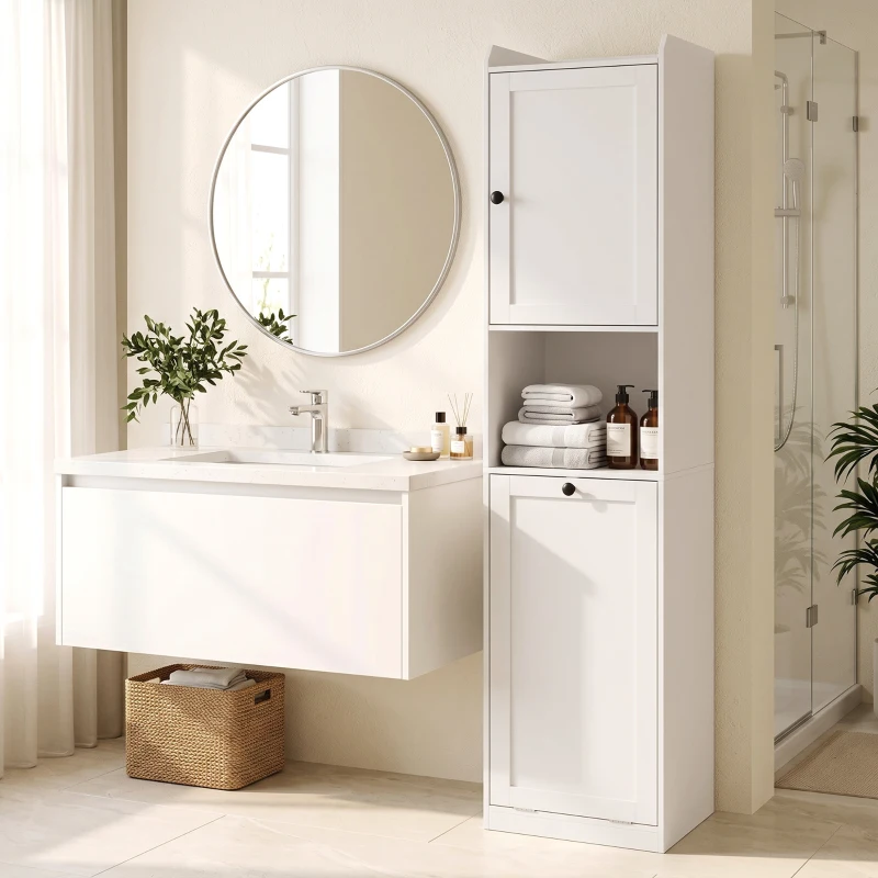 HOMCOM Colonna Bagno Slim con Cesto Portabiancheria Ribaltabile, 40x40x170 cm, Bianco