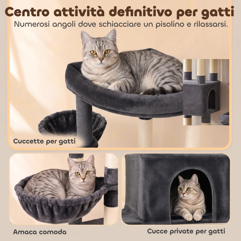 PawHut Tiragraffi per Gatti Grande Alto 180 cm Multilivello, 13 Pali Graffiatoi, 2 Grotte, Amaca, 2 Cucce, Grigio Scuro