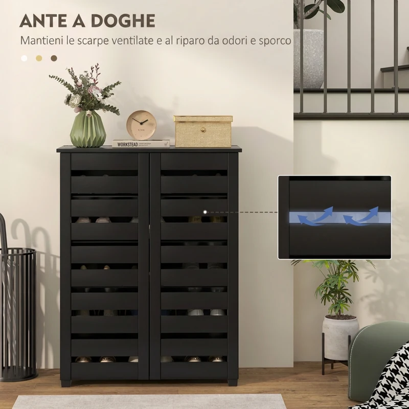 HOMCOM Mobile Scarpiera a 5 Livelli con 4 Ripiani Regolabili e Ante a Doghe, in Legno, 76x33Px98 cm, Nero