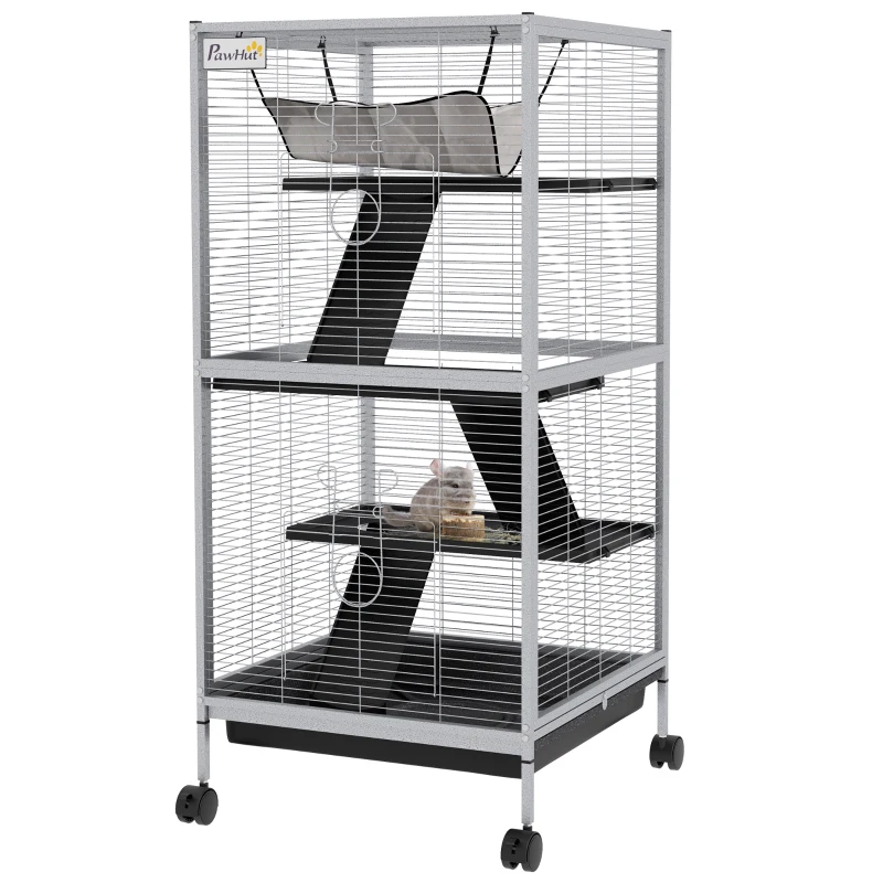 PawHut Jaula para Animales Pequeños con Ruedas 2 Puertas 3 Rampas Hamaca Colgante y Bandeja Extraíble 52x52x113,5cm Gris