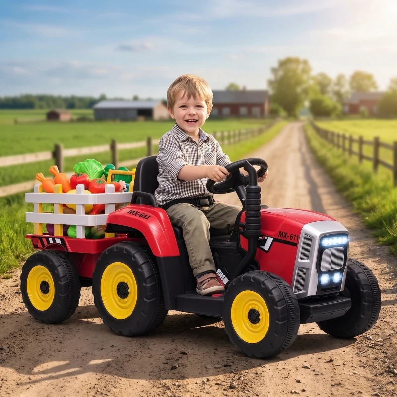 HOMCOM Tracteur électrique avec remorque amovible, pour enfants de 3 à 6 ans avec télécommande MP3 musique affichage lumières