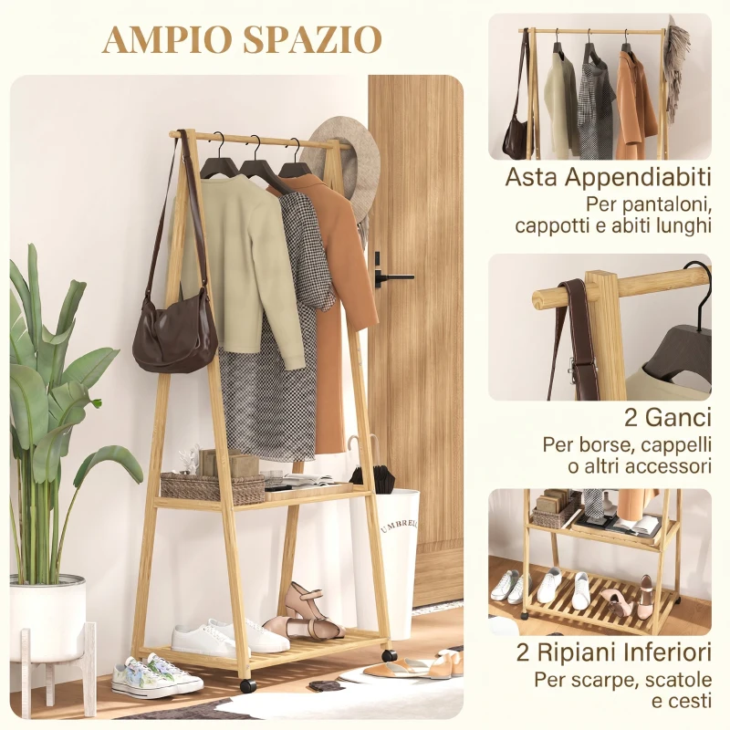 HOMCOM Appendiabiti in Bambù con Ripiano per Scarpe, 2 Ganci, Appendiabiti Mobile per Ingresso, Soggiorno, Naturale
