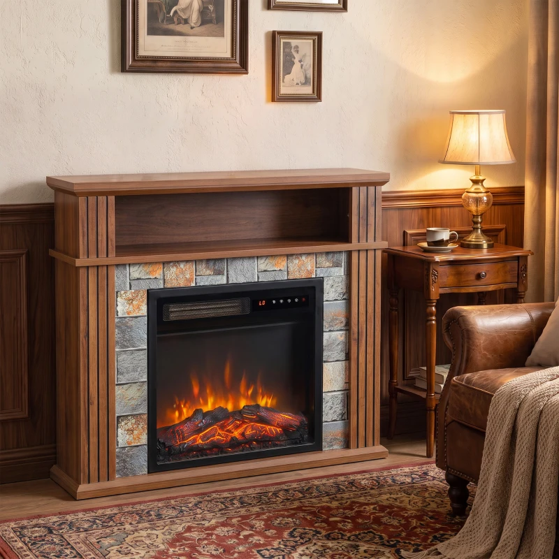 HOMCOM Camino Elettrico da Terra/Incasso per TV 36'' con Cornice e Ripiano, 1800W, Effetto Fiamma 3D, Ceppi, Marrone