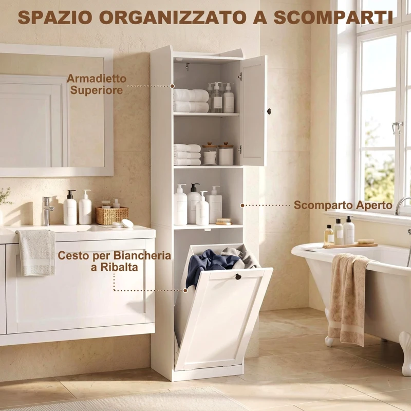 HOMCOM Colonna Bagno Slim con Cesto Portabiancheria Ribaltabile, 40x40x170 cm, Bianco