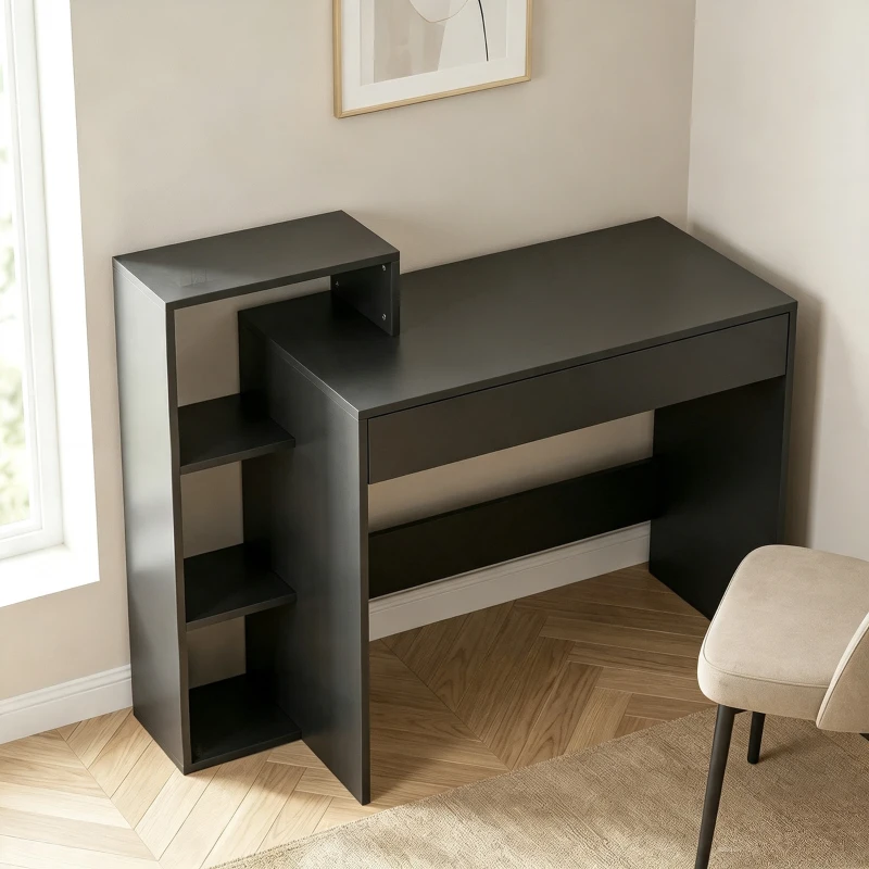 HOMCOM Scrivania PC Compatta con 3 Ripiani Aperti e Cassetto, Scrivania Moderna in Truciolato, 100x40x90 cm, Nero