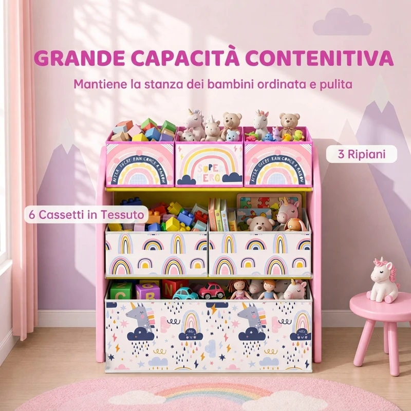 AIYAPLAY Scaffale Portagiochi Bambini a 3 Livelli con 6 Contenitori, Tema Ragazza Rosa, per Cameretta e Sala Giochi