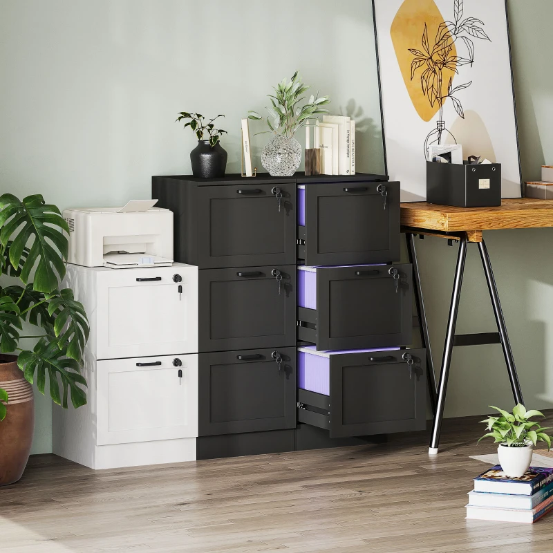 HOMCOM Cassettiera Portadocumenti a 3 Cassetti con Serrature e Spazio per Stampante, in Legno, 40x40x101 cm, Nero