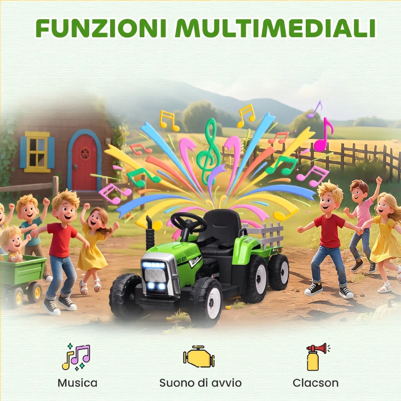 HOMCOM Trattore Elettrico per Bambini 3-6 Anni con Rimorchio Rimovibile, Batteria 12V e Telecomando, Verde