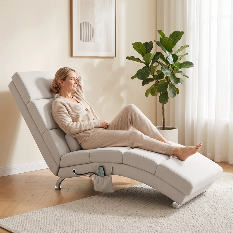 HOMCOM Fauteuil relax salon fauteuil de massage et chauffage meridienne avec télécommande et oreiller, tissu effet lin, crème