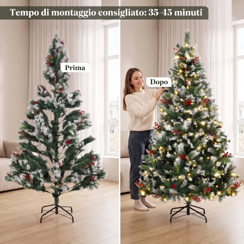HOMCOM Albero di Natale Innevato 180cm, 250 Luci LED a 2 Colori, Telecomando, 11 Modalità, 840 Rami, Pigne, Bacche Rosse