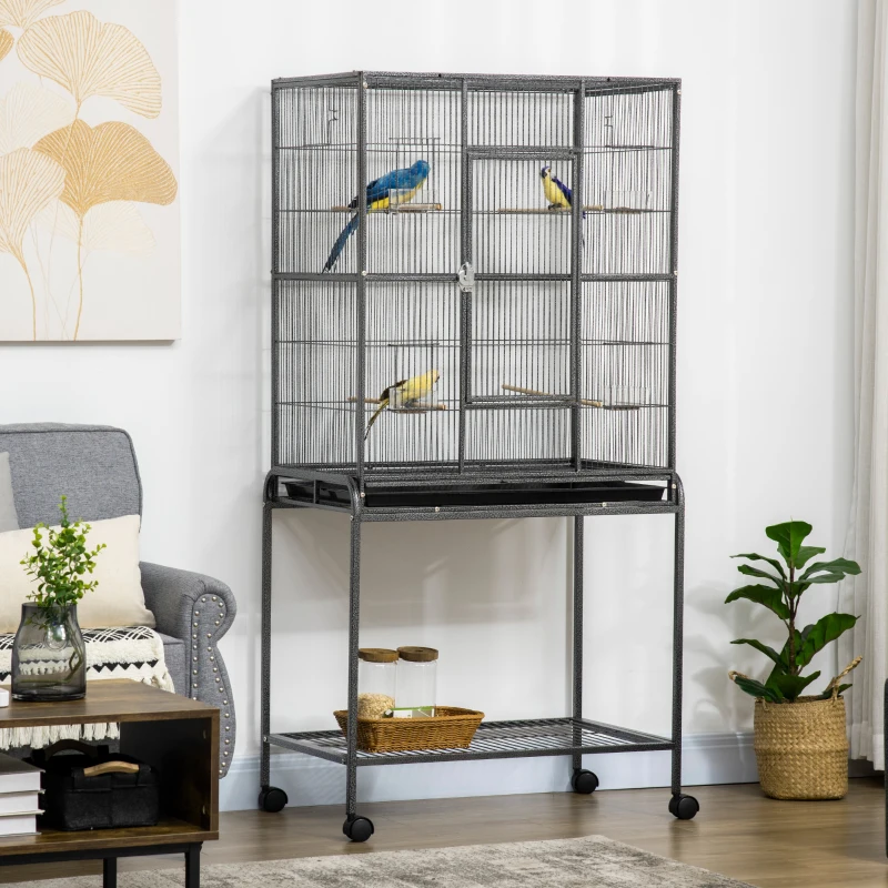 PawHut Jaula para Pájaros con Ruedas Pajarera Metálica con Perchas Comederos y Estante 81x48x162,5 cm Negro y Gris