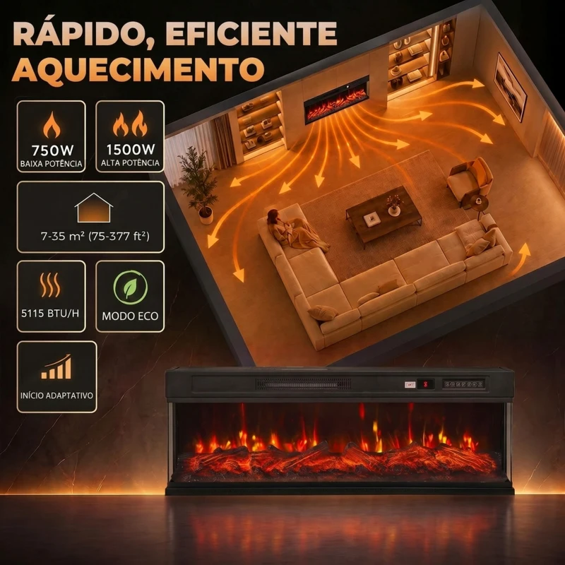 HOMCOM Lareira Elétrica de Encastrar ou Independente 750/1500W, 3 Lados, 12 Cores de Chama 3D, Termóstato, Telecomando, Preta