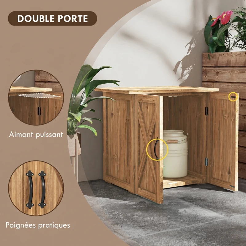 Outsunny Armoire de Jardin en Bois de Sapin, 2 Portes Magnétiques avec Poignées, Style Campagne, 77x55x72cm, Marron