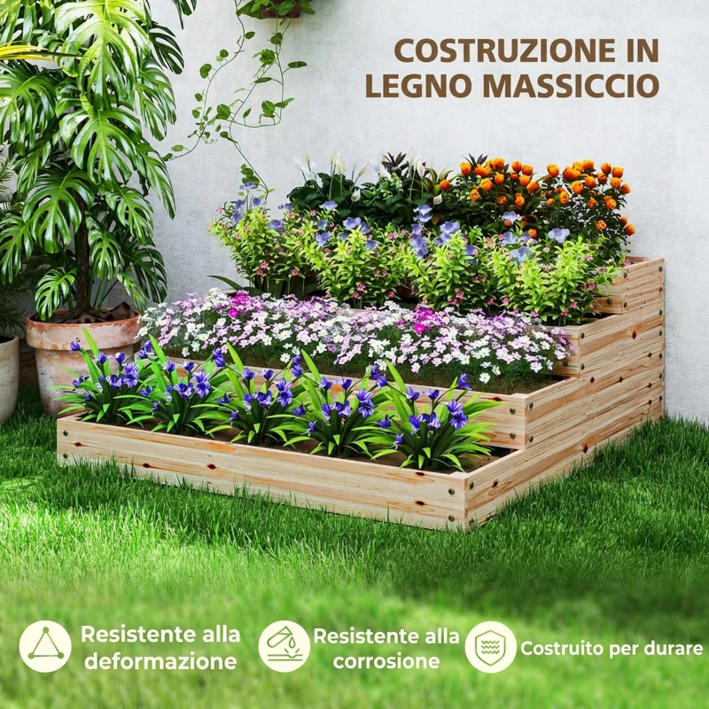 Outsunny Letto per Orto Rialzato a 4 Livelli in Legno di Abete con Fondo Aperto, 113x113x46 cm, Color Legno