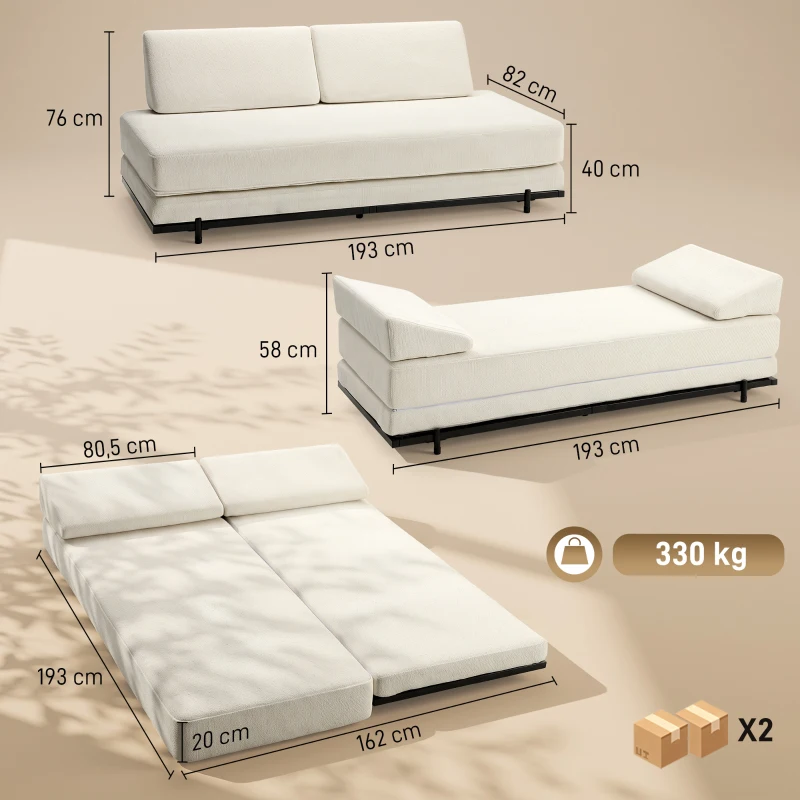 HOMCOM Sofá-cama 3 em 1 de 3 Lugares com 2 Almofadas Laváveis e Estrutura em Aço 193x82x57 cm Creme
