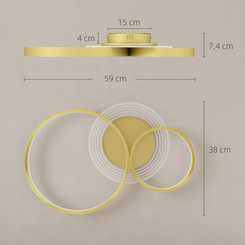 HOMCOM Candeeiro de Teto LED 40W Candeeiro Moderno com Iluminação LED 3000K/4000K/6500K 59x38x7,4 cm Dourado