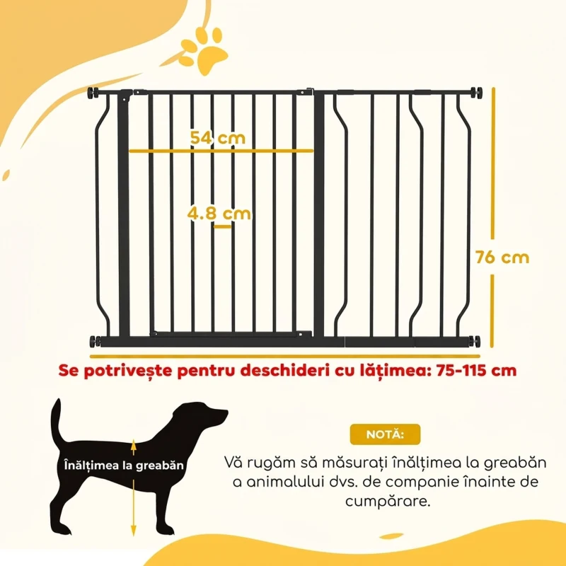 PawHut Poartă de Siguranță Extensibilă pentru Câini 75-115 cm, Înălțime 76 cm, Fără Găurire, Negru