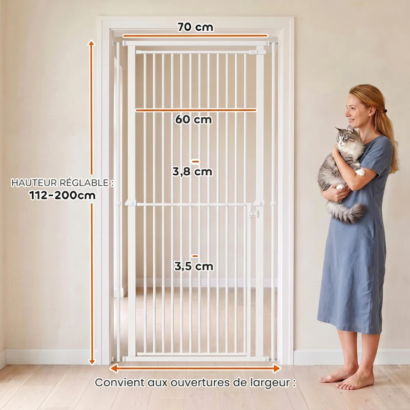 PawHut Barrière de Sécurité Chat Barrière Chien Extra-Haute 112-200cm Réglable Anti-Saut Double Sens Acier 70x200 cm Blanc
