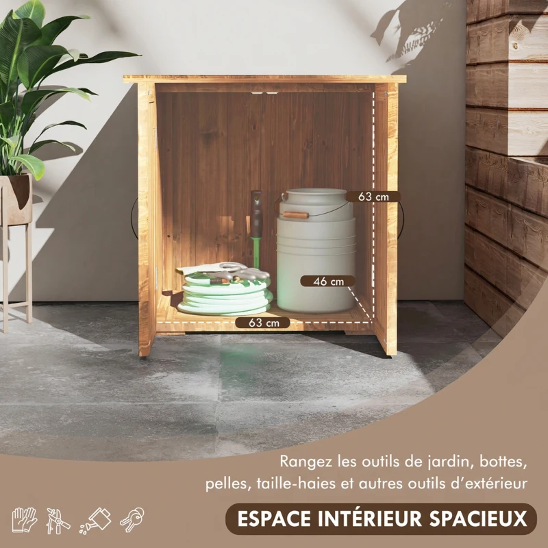 Outsunny Armoire de Jardin en Bois de Sapin, 2 Portes Magnétiques avec Poignées, Style Campagne, 77x55x72cm, Marron