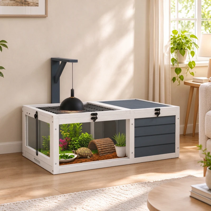 PawHut Maison enclos cage pour petit animal tortue avec 2 espaces support de lampe 81 x 48 x 31,5 cm gris