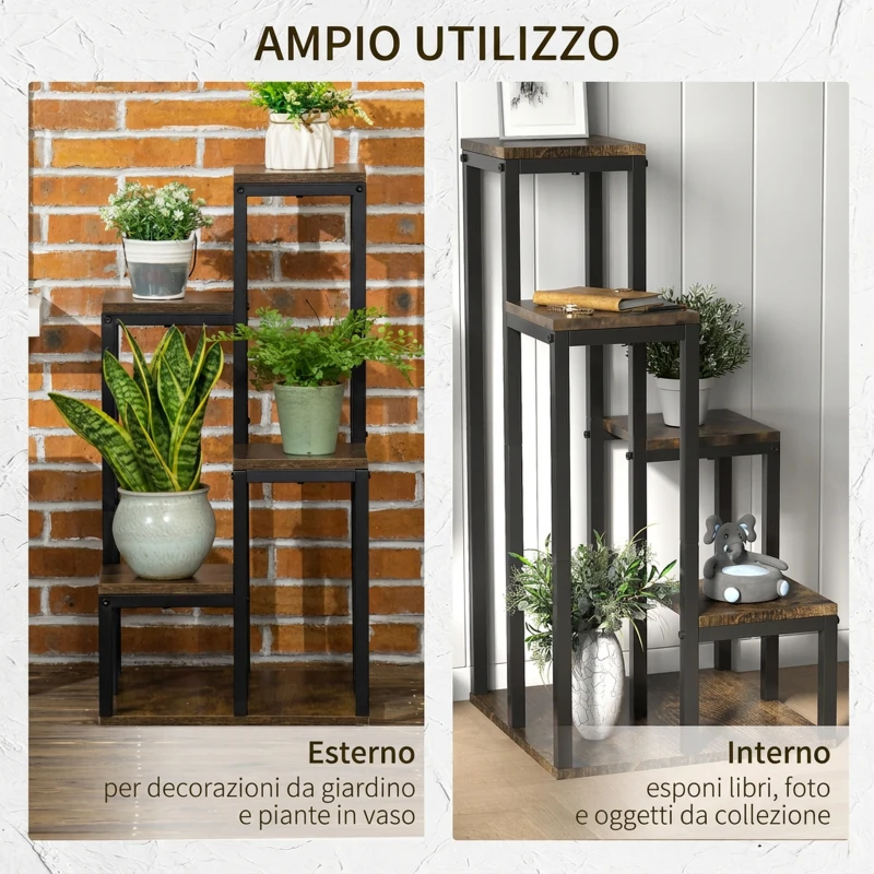 Outsunny Scaffale Porta Piante a 4 Livelli, 40x40x81 cm, per Interni Esterni, Giardino Balcone, Marrone Rustico