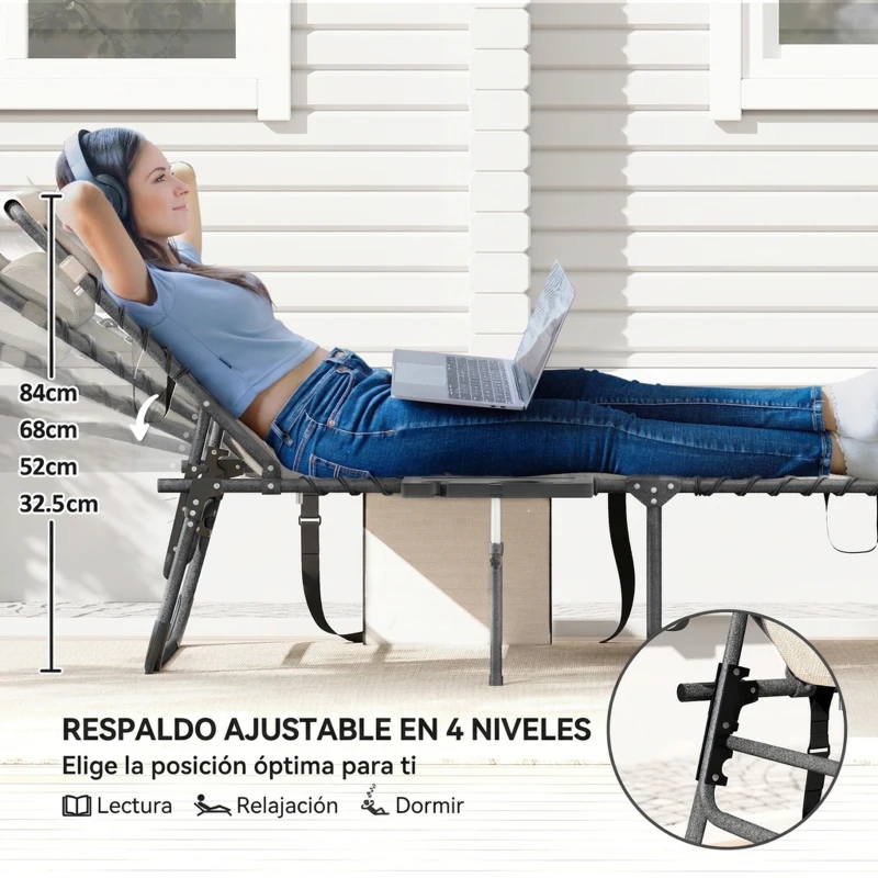 Outsunny Tumbona Plegable con Respaldo Ajustable Reposacabezas Bolsillo Lateral Bandeja y Estructura de Acero 190x60x31 cm Crema