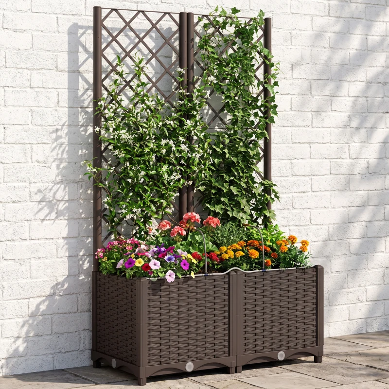 Outsunny Set 2 Orti Rialzati da Esterno con Grigliato, Sistema Irrigazione, Timer, Serbatoio d'Acqua 80x40x136cm Marrone