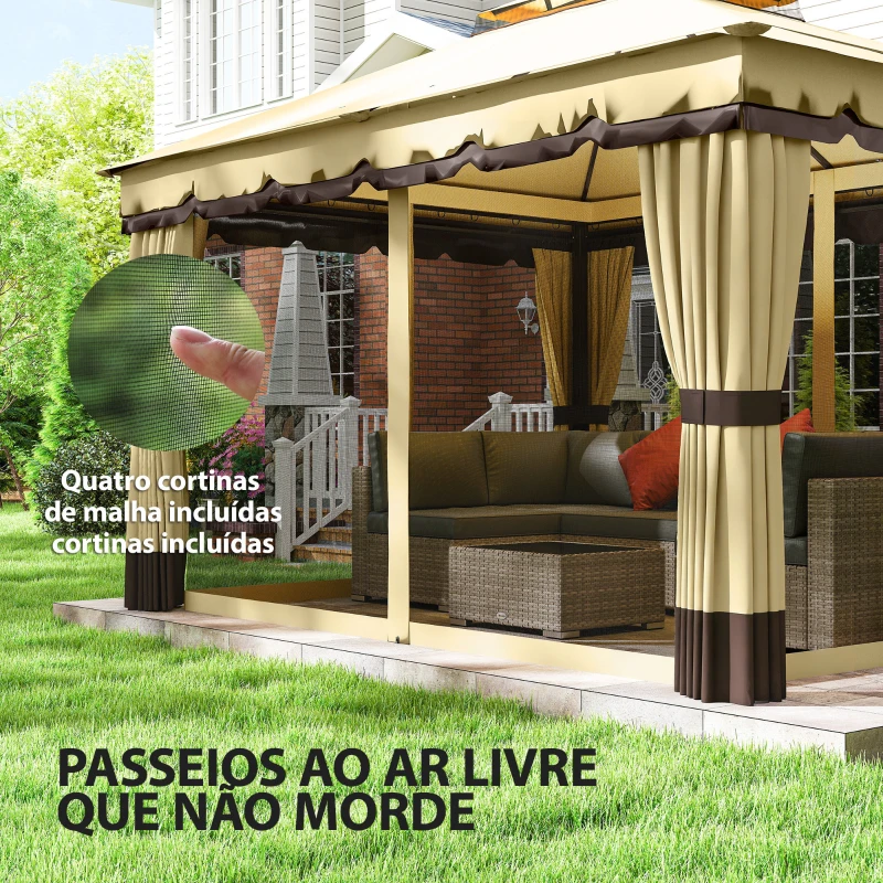 Outsunny Pérgola de Jardim 3,7x3 m com Teto Duplo 4 Cortinas e Mosquiteira Estrutura em Aço Orifícios de Drenagem UV30+ Bege